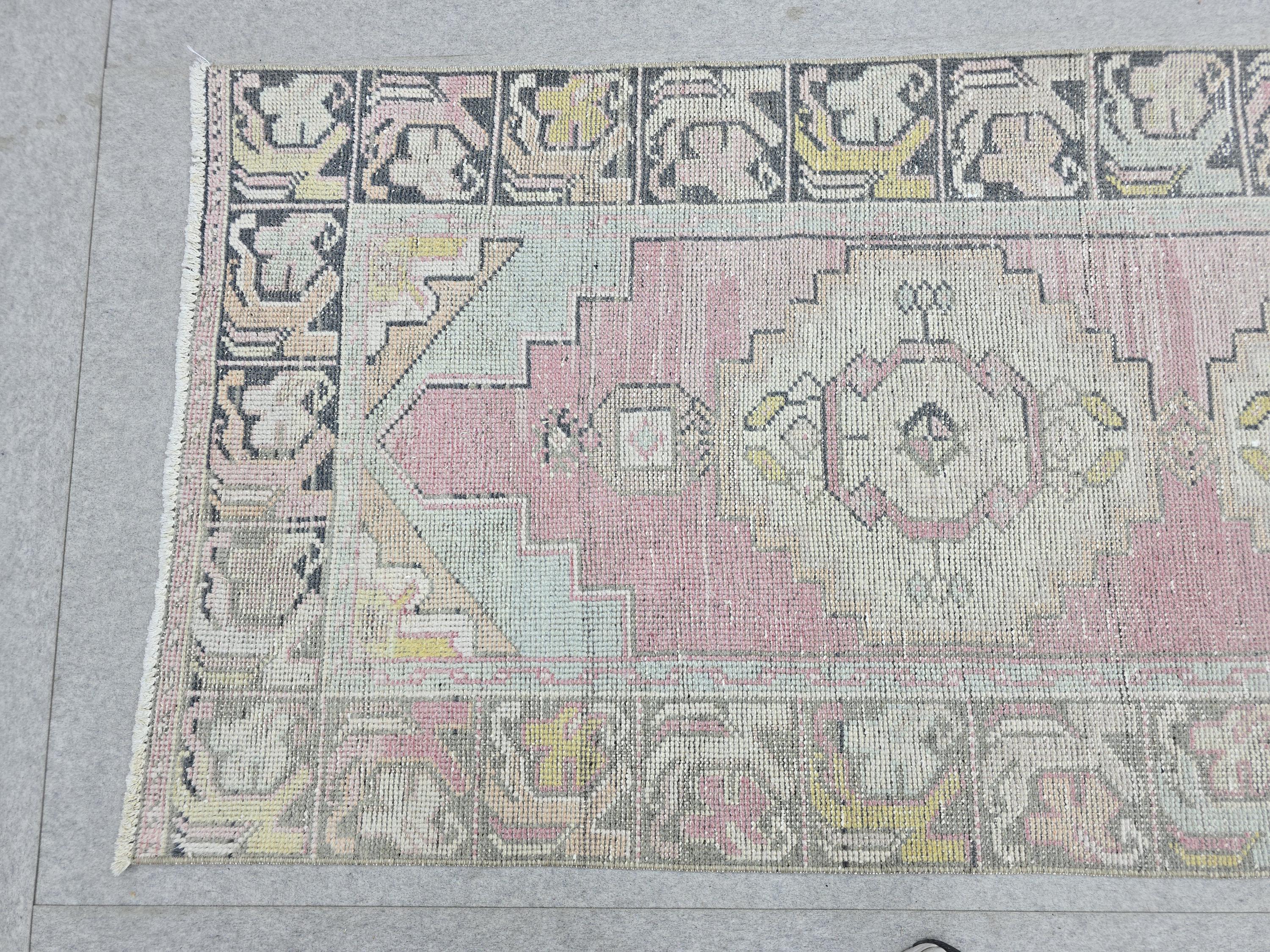 Turkish Rug 3x10, Pastel Pink Runner Rug, Hand Knotted Wool Oushak Runner, Faded Muted Hallway Rug, Vintage Boho Nursery Stair Anatolian rug