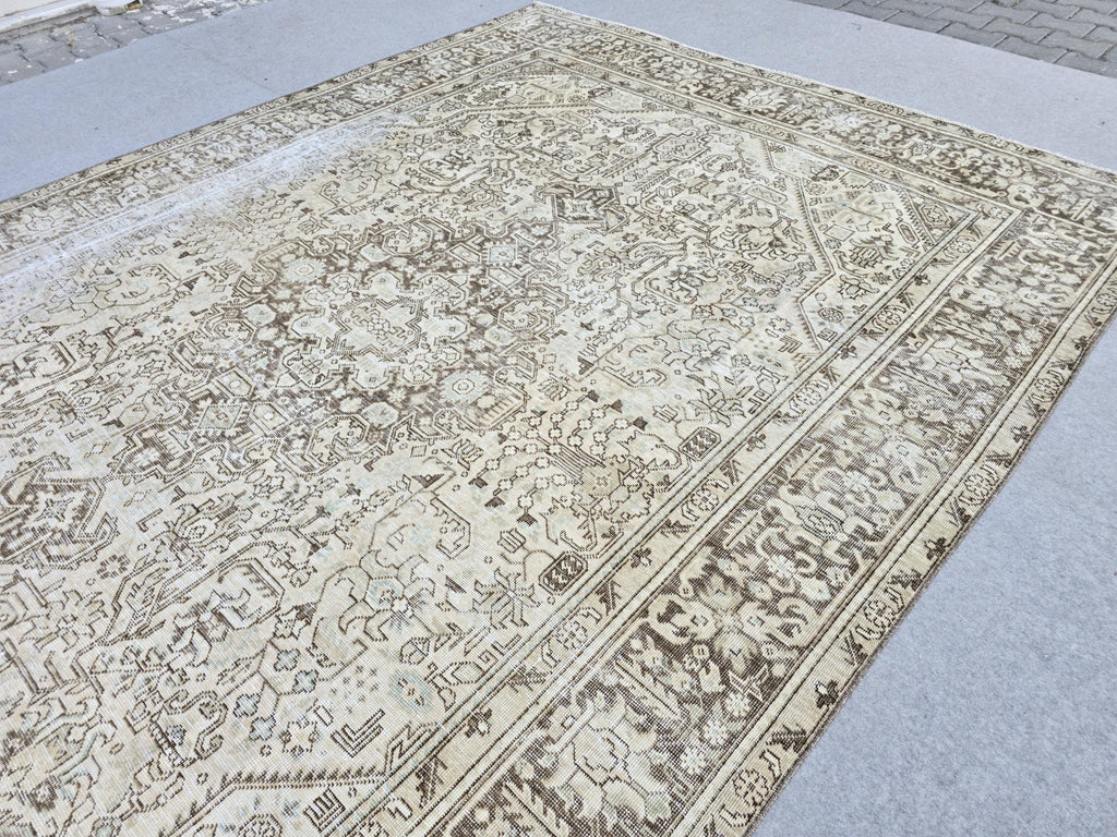 8x11 Vintage Turkish Rug, Neutral Beige Distressed Area Rug, Handwoven Large Rug