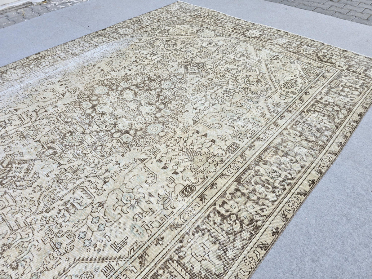 8x11 Vintage Turkish Rug, Neutral Beige Distressed Area Rug, Handwoven Large Rug