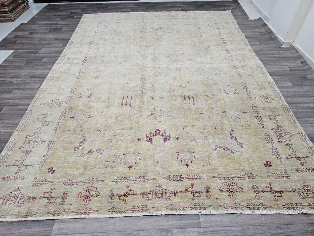 Hand Knotted 9x12 Wool Heriz Rug: Neutral Beige Brown Anatolian Carpet