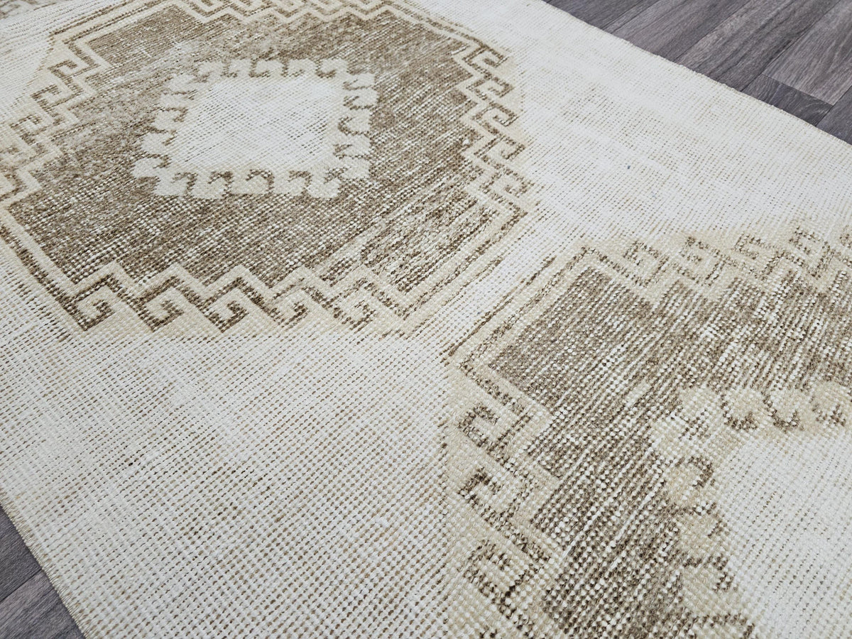 Hand Knotted Wool Turkish Runner 3x12: Neutral Oushak Hallway Rug