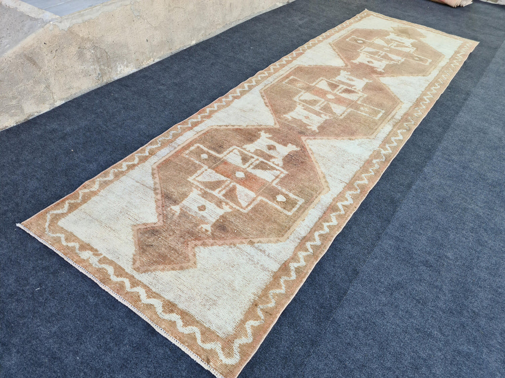 Hand Knotted Wool Oushak Runner: 4x12 Vintage Turkish Rug