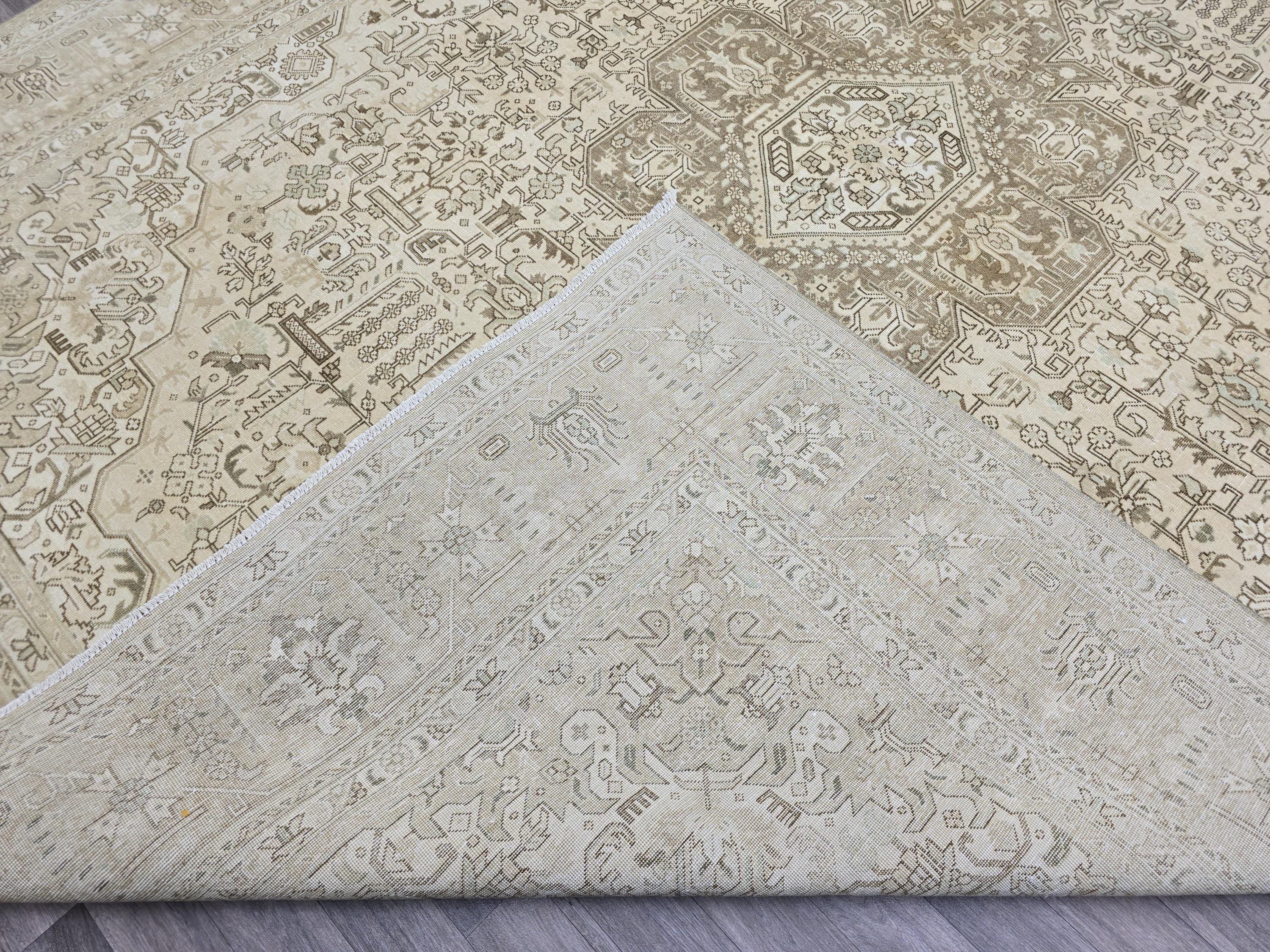 Oversized Vintage Turkish Oushak Rug: 9.6x12.5 ft, Neutral Beige Wool