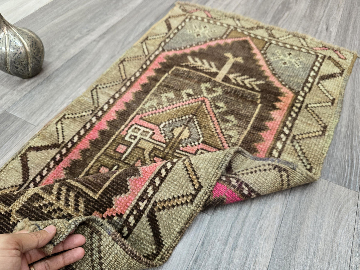 Vintage Turkish Oushak Rug: 20x39 Boho Earthy Entryway Mat