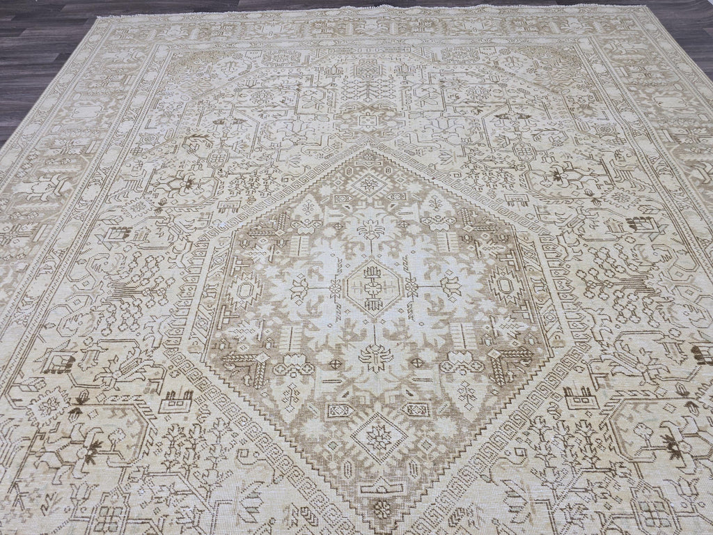 10x12 Ivory Anatolian Rug: Large Wool Oushak Geometric Carpet
