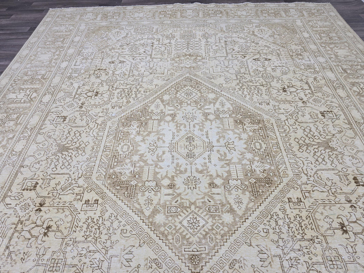 10x12 Ivory Anatolian Rug: Large Wool Oushak Geometric Carpet