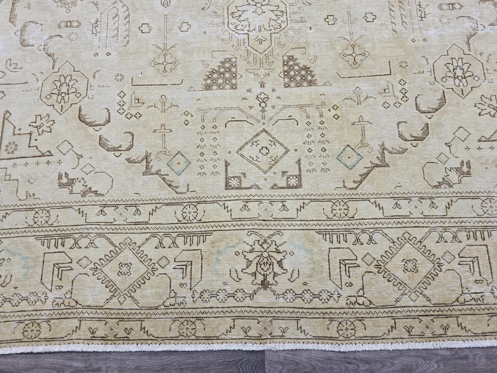 Oversized Turkish Oushak Rug: 9.65 x 12.6 Beige Medallion Wool Carpet