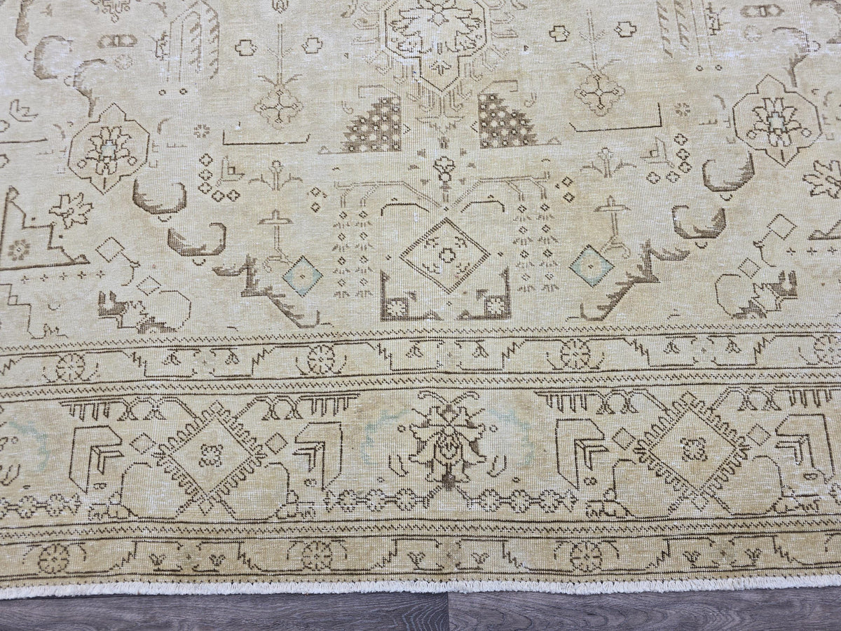 Oversized Turkish Oushak Rug: 9.65 x 12.6 Beige Medallion Wool Carpet