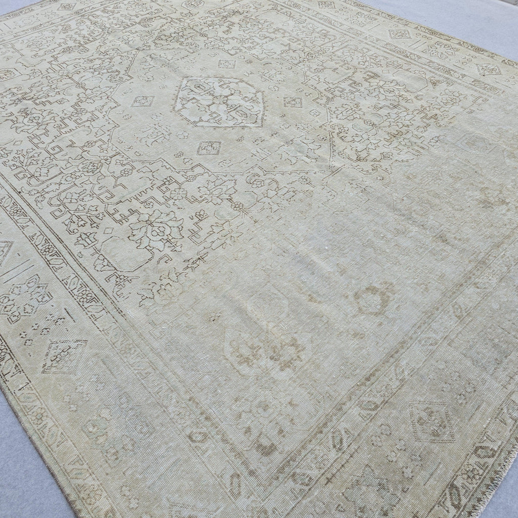 Neutral Turkish Rug 9x12, Vintage Cream Geometric Medallion Hand Knotted Turkish Wool Muted Rug