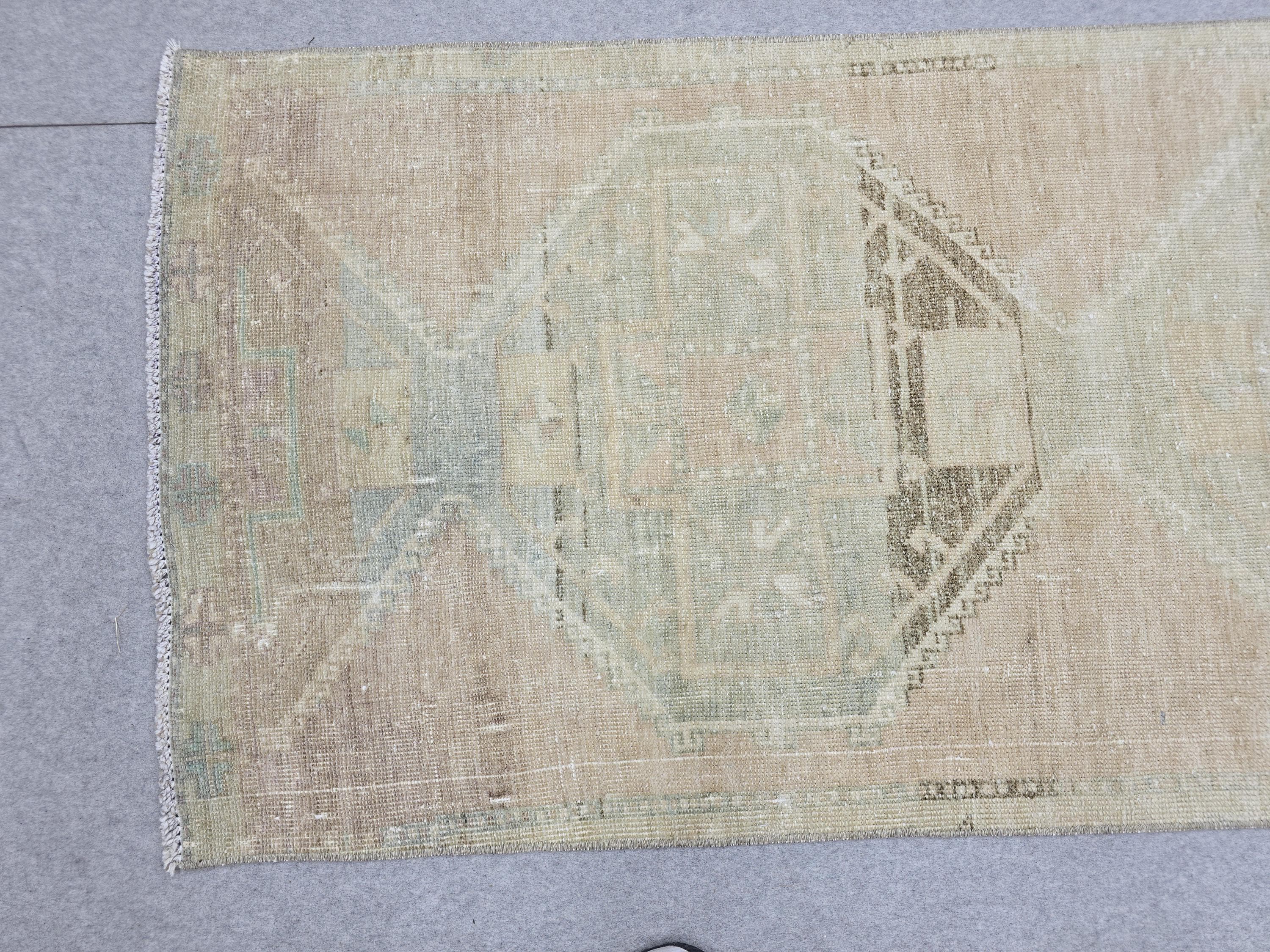 Turkish Rug 3x12, Neutral Runner Rug, Faded Distressed Wool Hallway Runner, Muted Oushak Stair Runner, Vintage Boho Kitchen Carpet