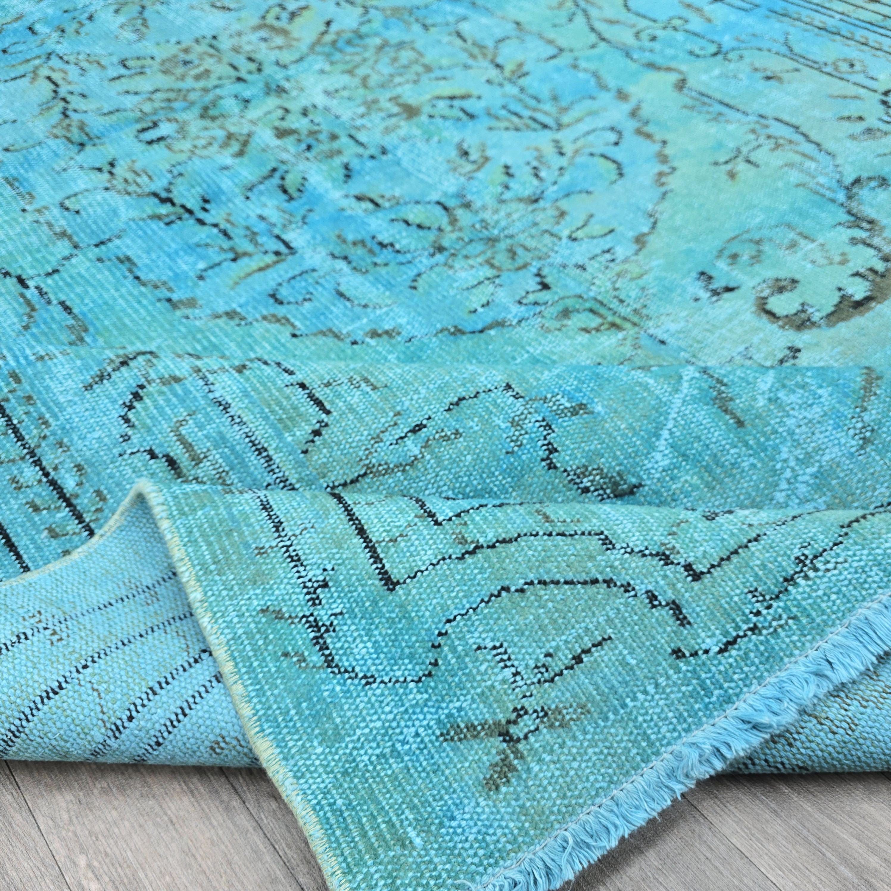 Vintage Overdyed Turquoise Turkish Rug - 6x9.6 ft Oushak Bohemian Area Rug
