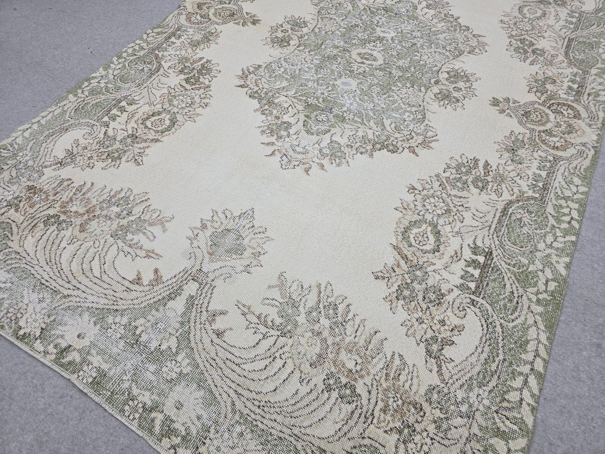 Muted Vintage Rug 6x10, Cream Green Floral Area Rug, Distressed Turkish Rug, Hand Knotted Wool Medallion Carpet, Scandinavian Bedroom Decor