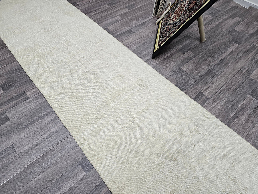 Neutral Turkish Runner Rug: 3x12 Vintage Hand-Knotted Wool Oushak