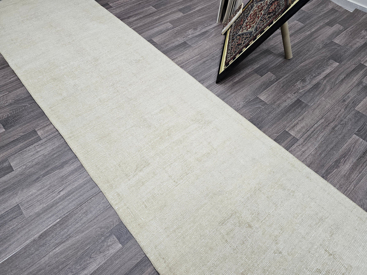 Neutral Turkish Runner Rug: 3x12 Vintage Hand-Knotted Wool Oushak