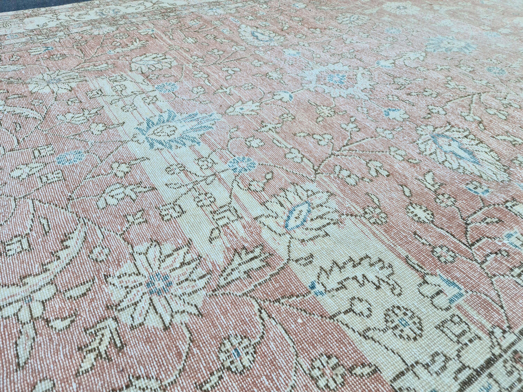 Muted Oushak Pink Rug: 6.85x9.85 ft, Handmade Vintage Turkish Floral Wool Carpet