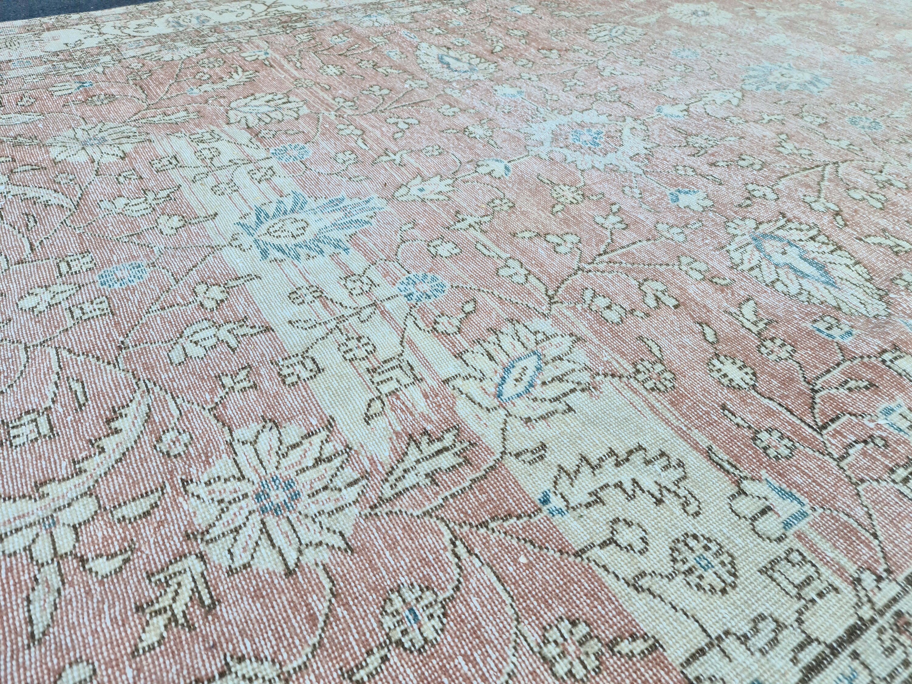 Muted Oushak Pink Rug: 6.85x9.85 ft, Handmade Vintage Turkish Floral Wool Carpet