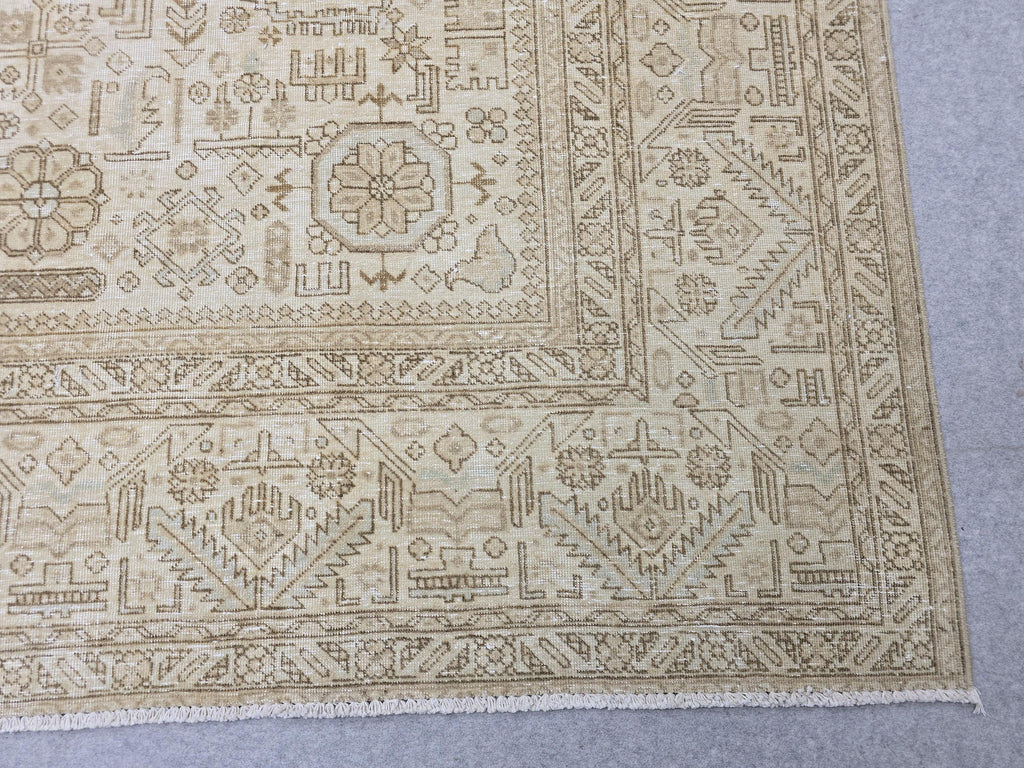 Hand Knotted Oushak Rug | Muted Sand Beige Vintage Turkish Wool Area Carpet