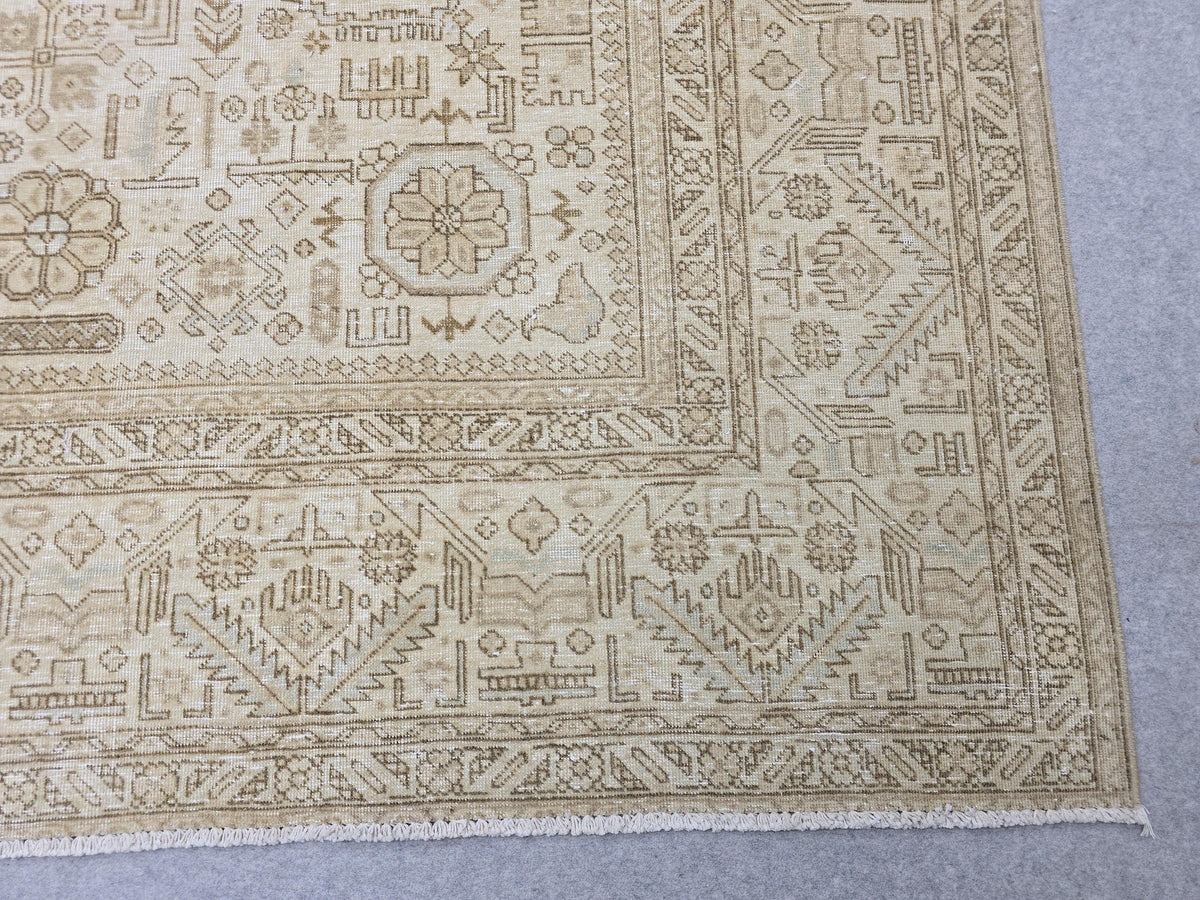 Hand Knotted Oushak Rug | Muted Sand Beige Vintage Turkish Wool Area Carpet