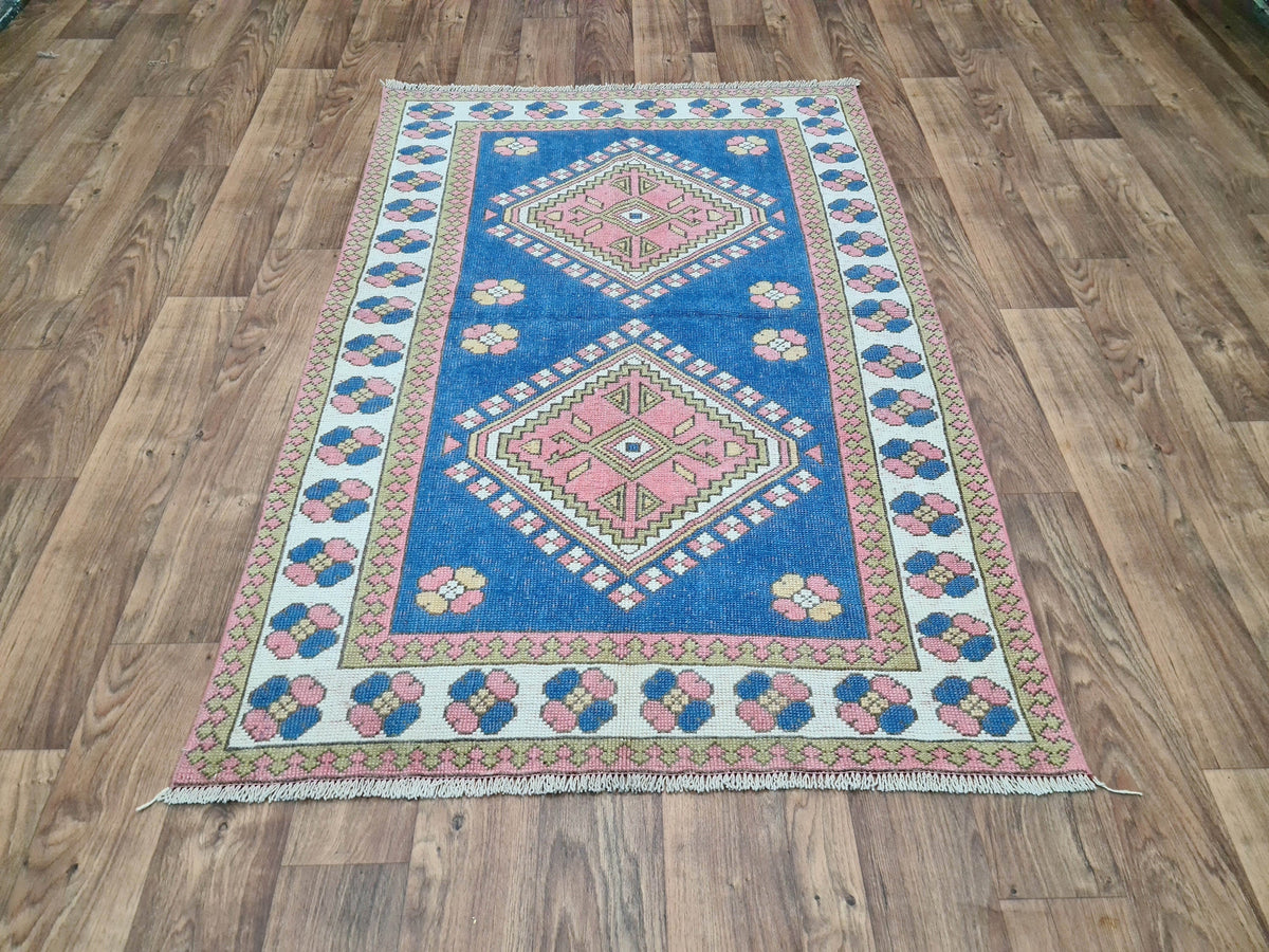 4x6 Small Turkish Rug: Small Vintage Geometric Blue Oushak (4.2x6.4 ft)