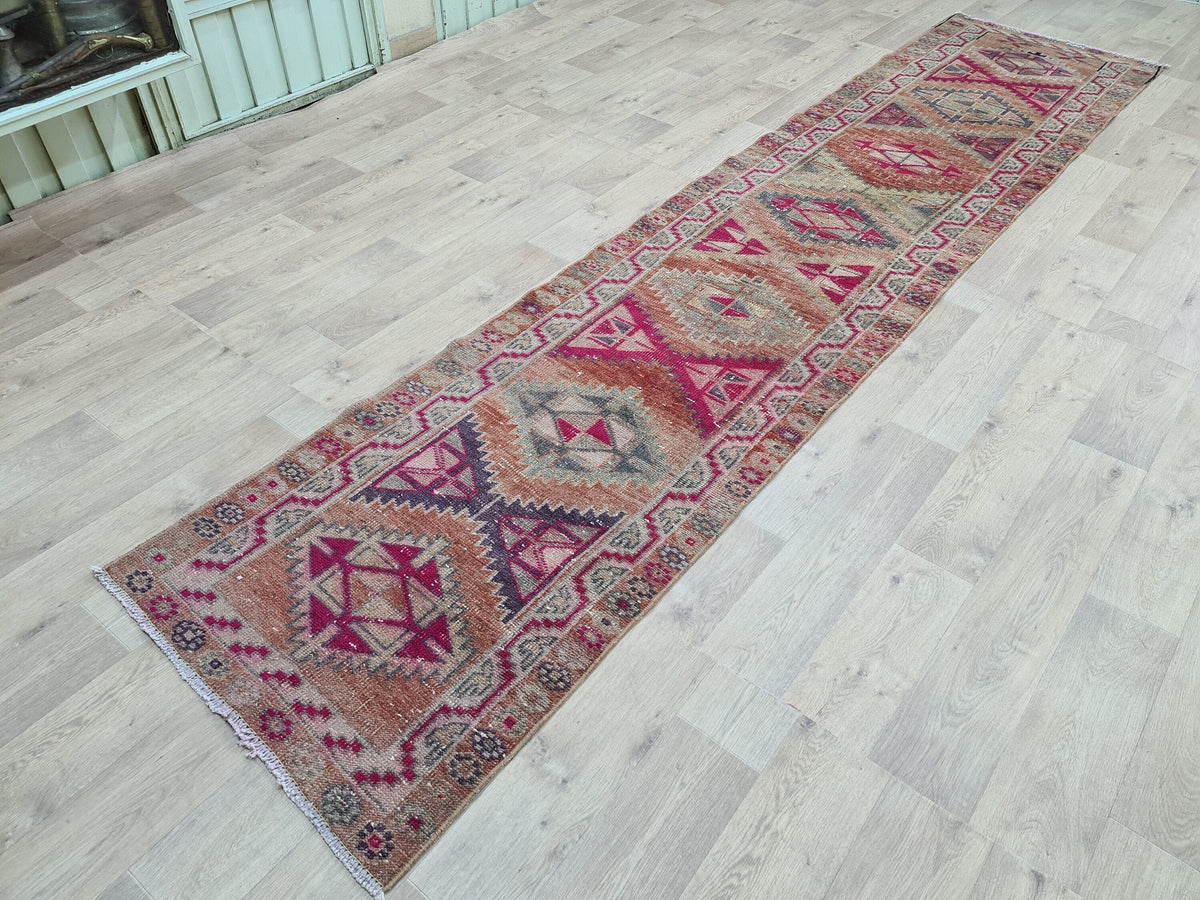 Hand Knotted Herki Runner Rug: Muted Colorful Vintage Stair Runner (2.9x13 ft)