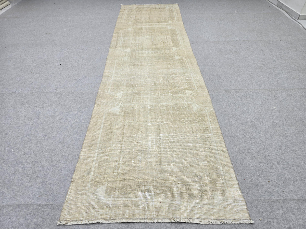 Turkish Runner Rug 3x11, Faded Oatmeal Hallway Runner, Vintage Wool Kitchen Runner Rug, Neutral Boho Corridor Rug for Entryway Decor