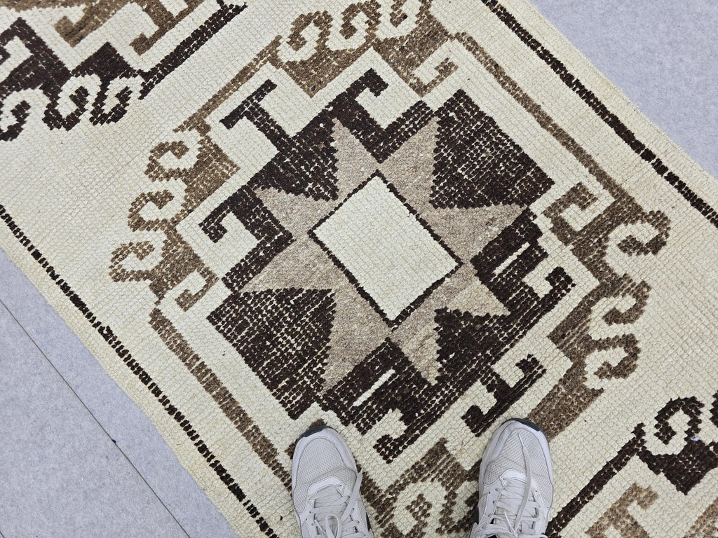Vintage Anatolian Wool Runner, Hand-Knotted Tree of Life, Cream Brown Boho Hallway Rug