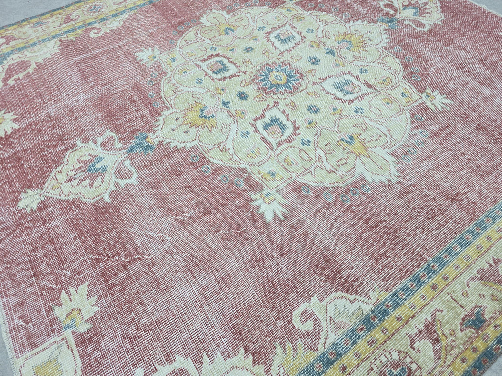 Turkish Rug 7x7, Vintage Pink Medallion Area Rug, Square Hand Knotted Wool Carpet for Living Room, Faded Rose Oushak Style