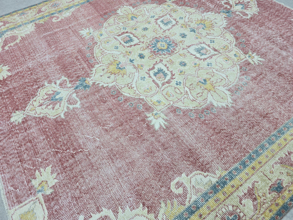 Turkish Rug 7x7, Vintage Pink Medallion Area Rug, Square Hand Knotted Wool Carpet for Living Room, Faded Rose Oushak Style