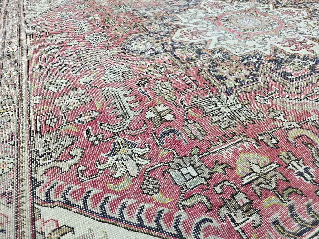 Vintage Hand-Knotted Wool Rug, Red Medallion Turkish Carpet, 9x13 Living Room Area Rug