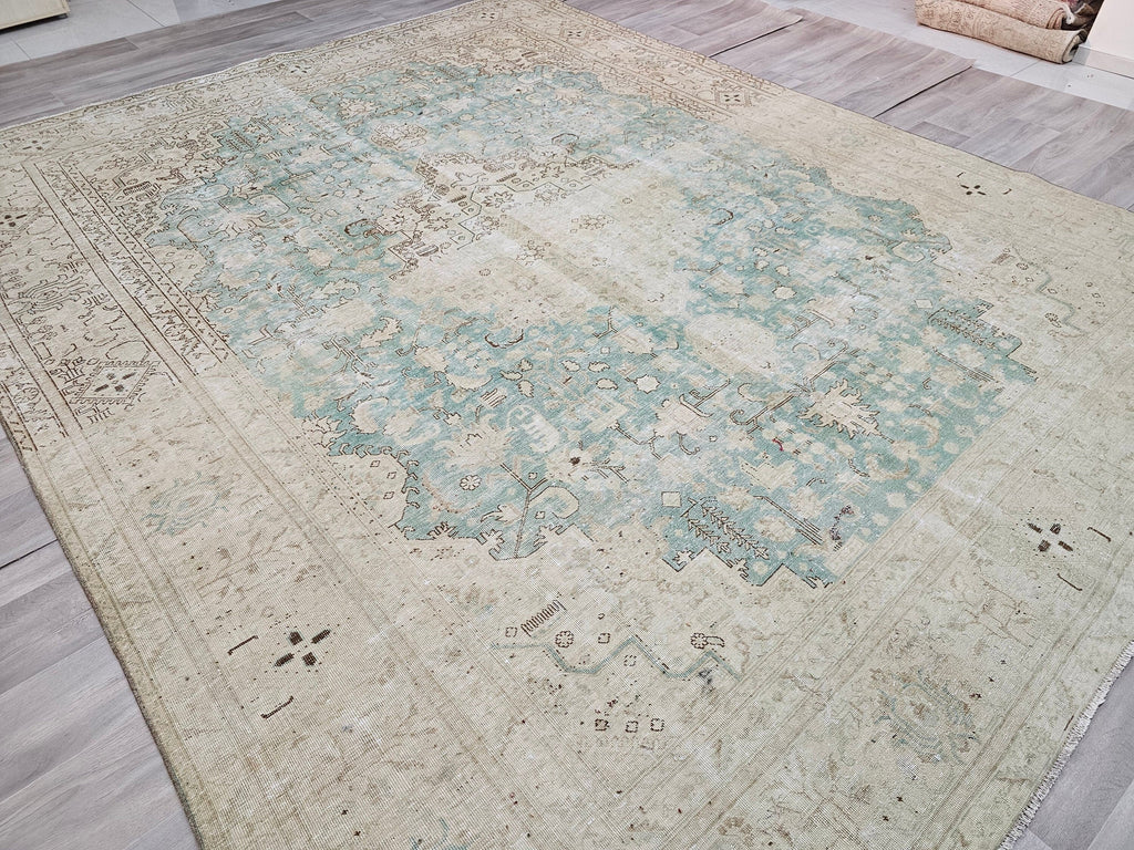 Turkish Rug 10x12: Beige & Sage Green wool Oushak Carpet (9.80x12.20 ft)