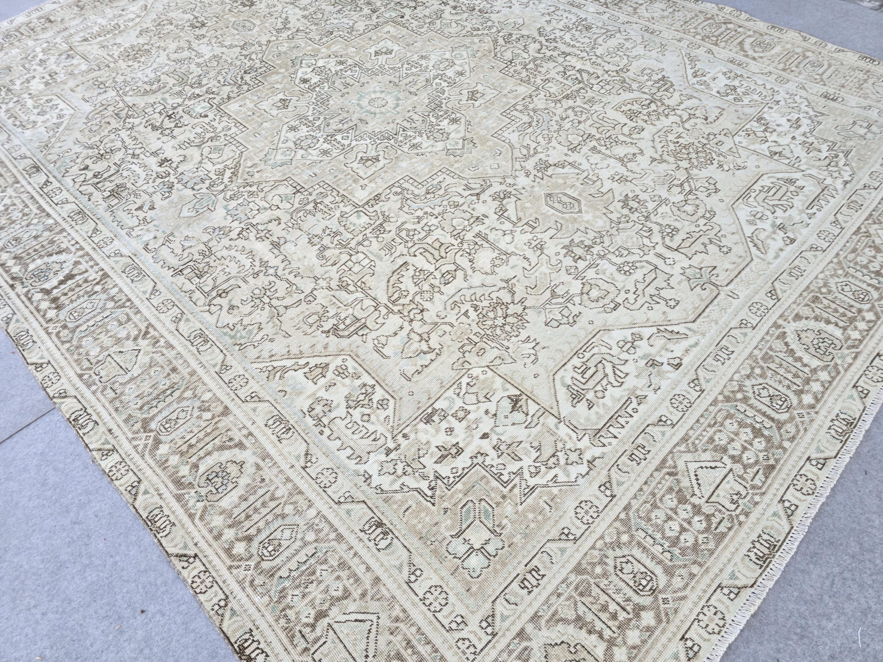 Oushak Rug 9x12:  High Quality Neutral Vintage Turkish Wool Area Rug 9.35x12.15 ft.