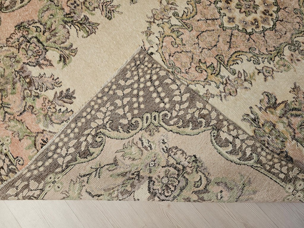 6x10 Vintage Turkish Oushak Rug: Hand-Knotted Wool Area Rug Pink Cream Brown Wool Rug for Diningroom and Office