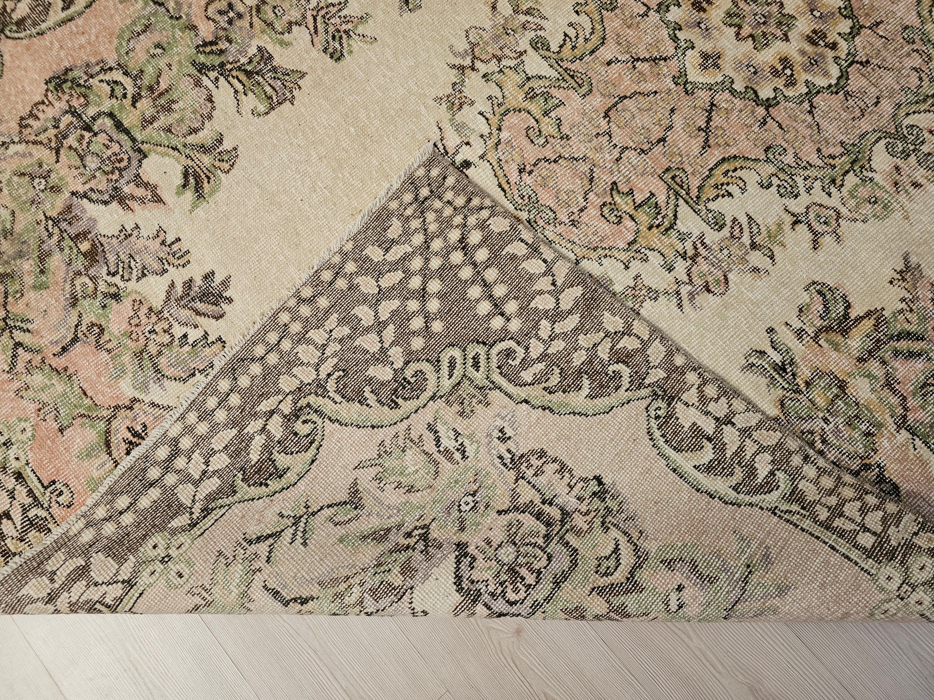 6x10 Vintage Turkish Oushak Rug: Hand-Knotted Wool Area Rug Pink Cream Brown Wool Rug for Diningroom and Office