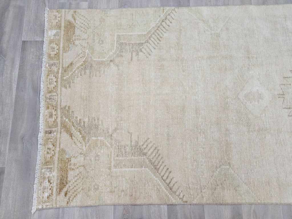 Hand Knotted Wool Turkish Runner Rug: Beige Brown Oushak, 4x12.5 ft