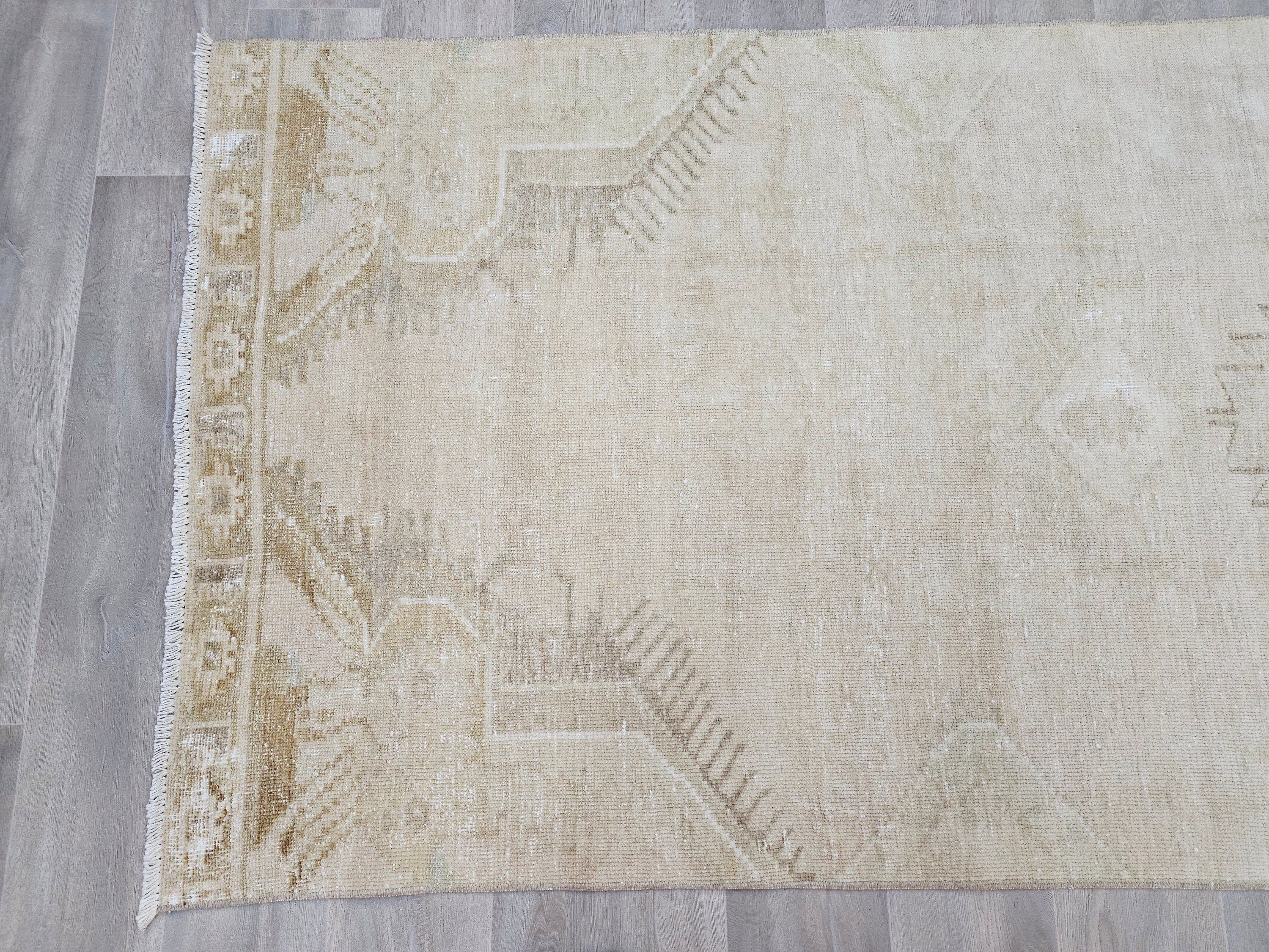 Hand Knotted Wool Turkish Runner Rug: Beige Brown Oushak, 4x12.5 ft