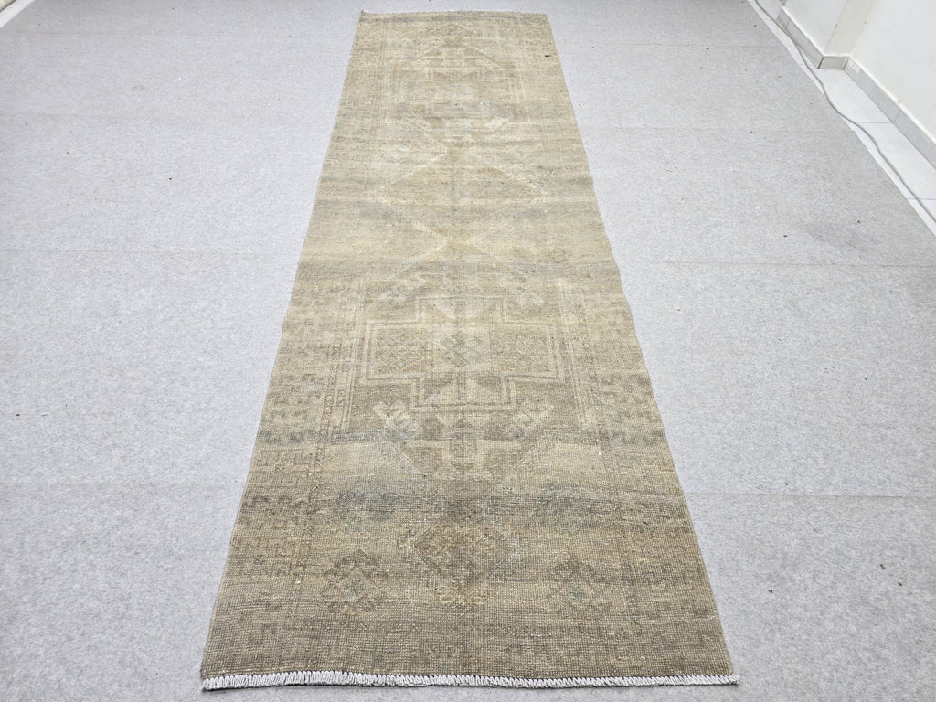 Turkish Runner Rug 3.5x11, Olive Sage Earth Tone Hallway Runner, Faded Wool Kitchen Runner, Tribal Corridor Rug for Dining Room Decor