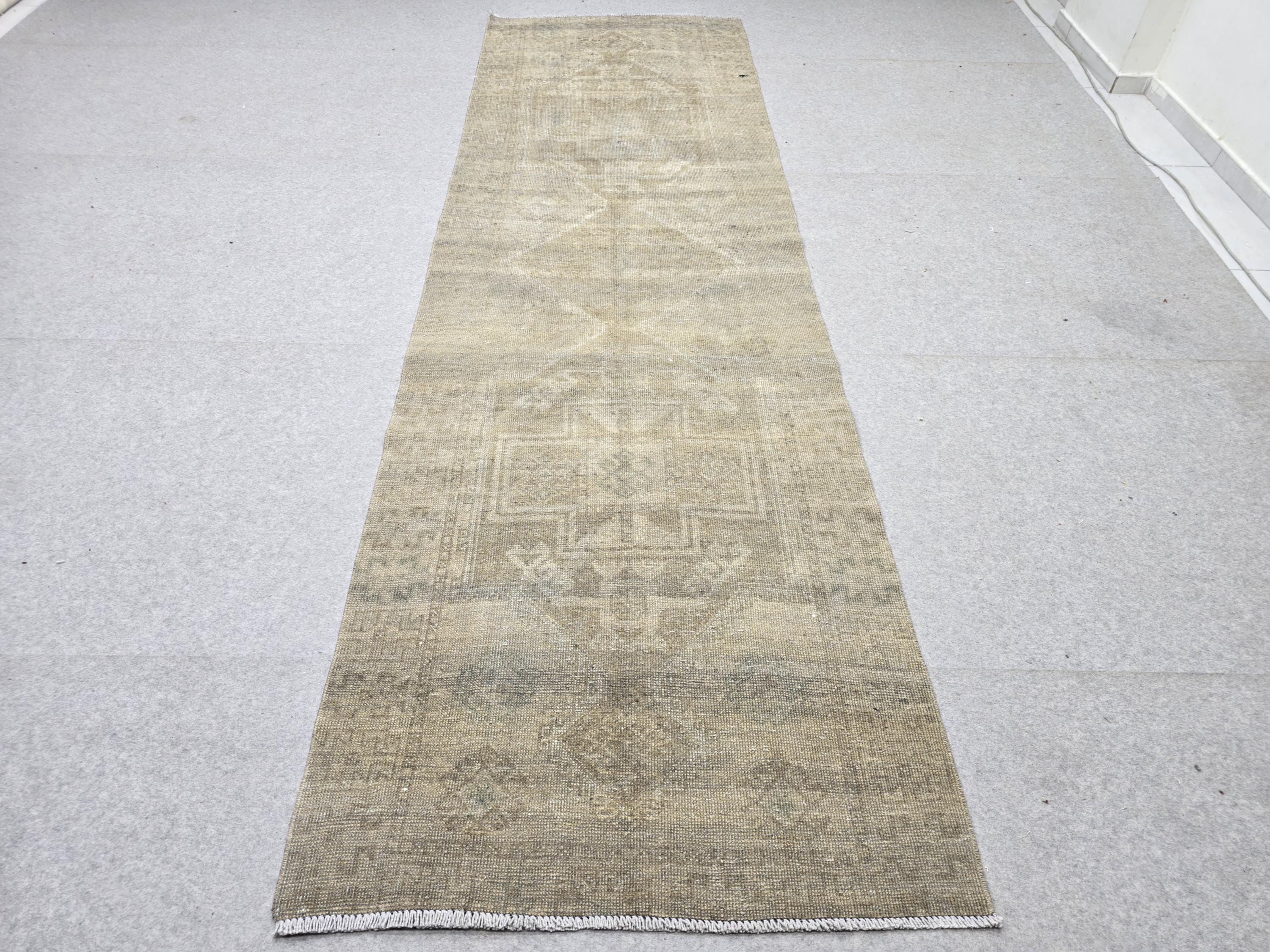 Turkish Runner Rug 3.5x11, Olive Sage Earth Tone Hallway Runner, Faded Wool Kitchen Runner, Tribal Corridor Rug for Dining Room Decor