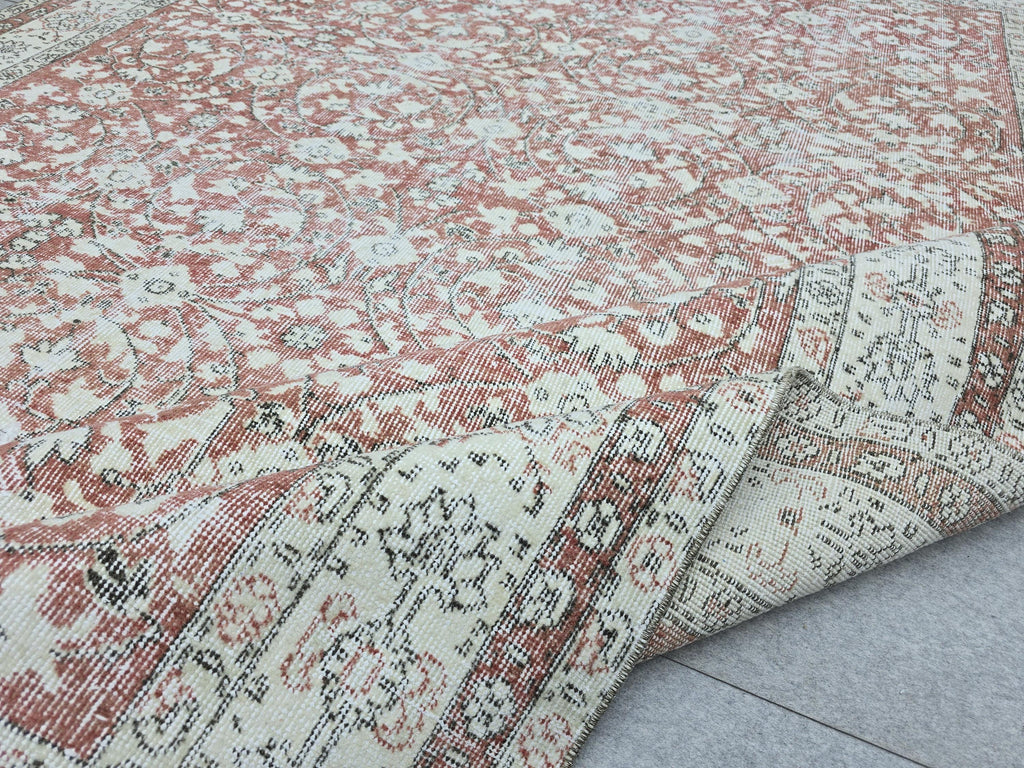 Hand Knotted Oushak Rug: 7x10 ft. Faded Muted terracotta red  Anatolian Carpet