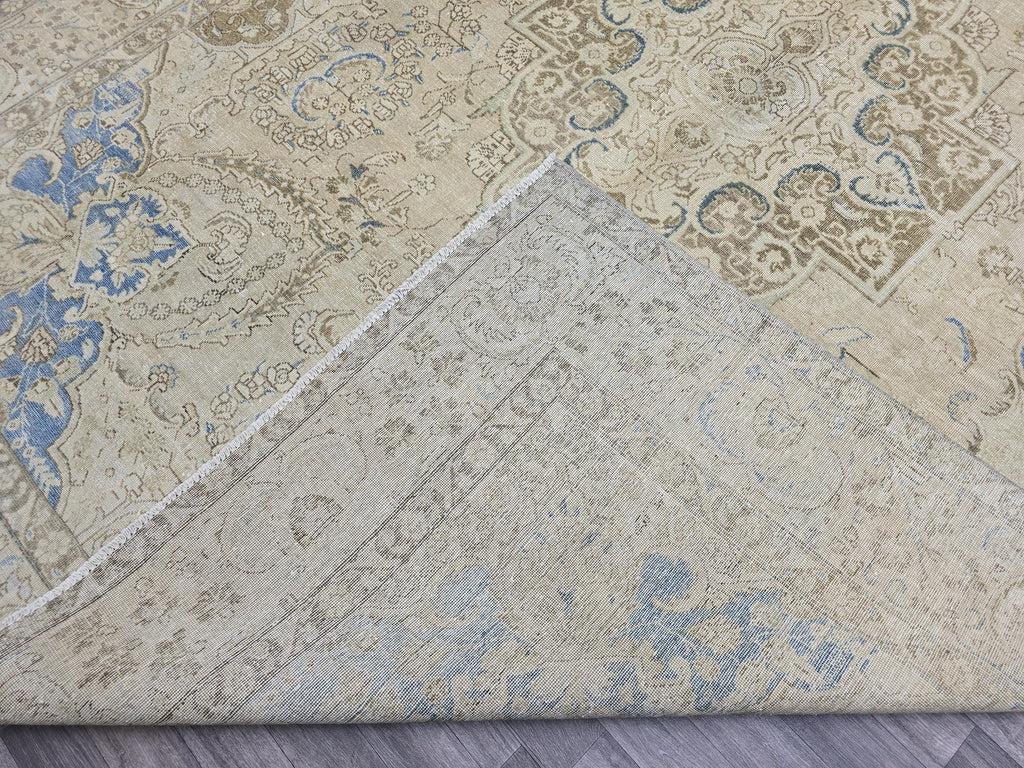 Oversized Vintage Turkish Rug 9x12: Hand-Knotted Distressed Beige Blue Rug