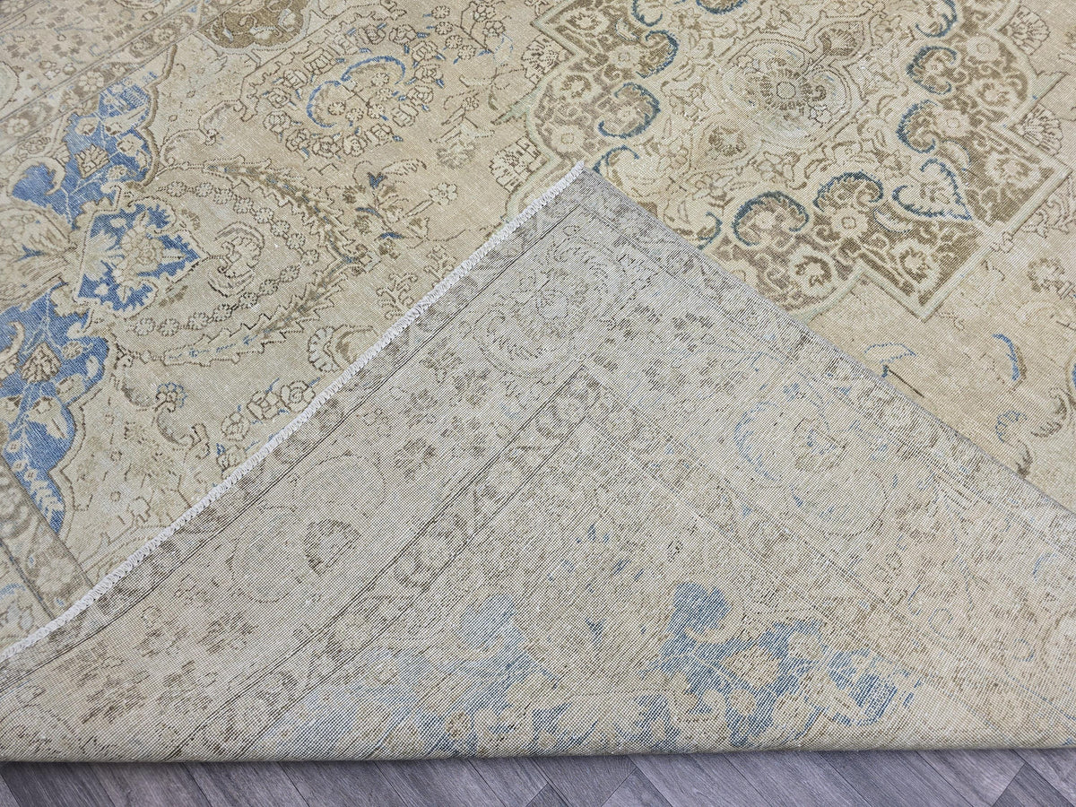 Oversized Vintage Turkish Rug 9x12: Hand-Knotted Distressed Beige Blue Rug