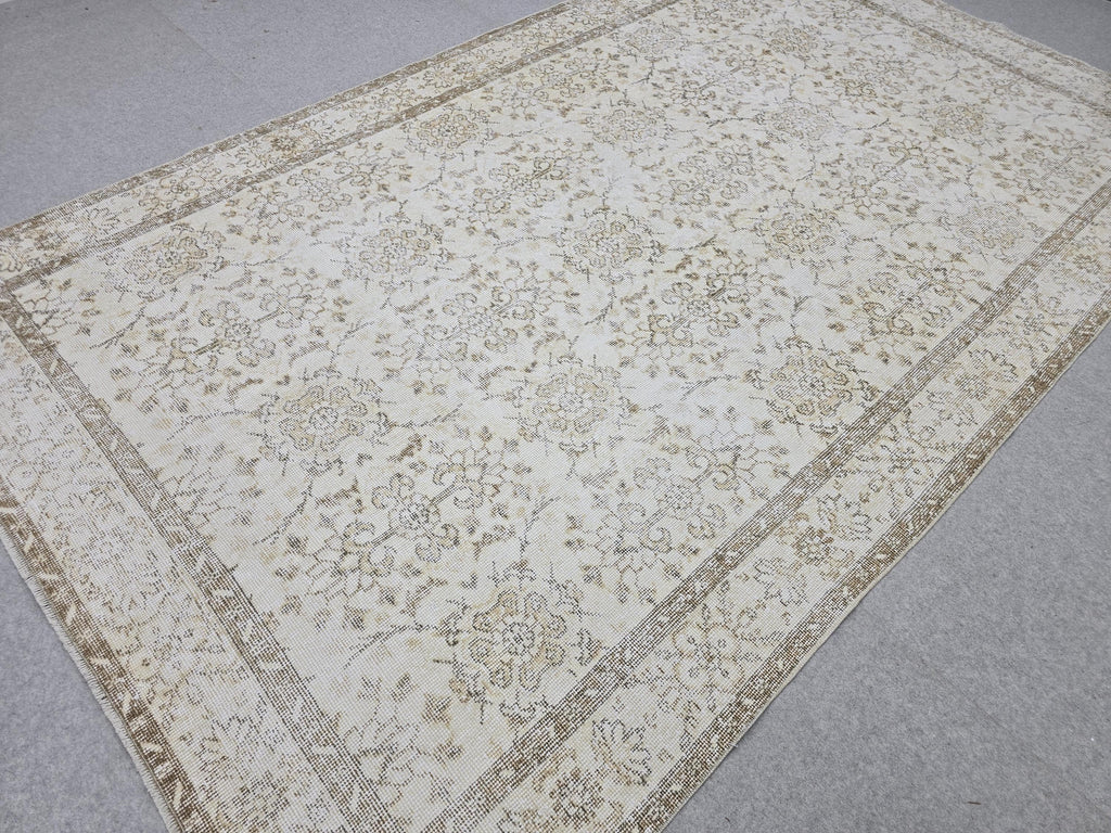 Oushak Rug 6x10 Vintage Turkish Handwoven Beige Cream Neutral Distressed Wool Area Carpet 191x317 cm