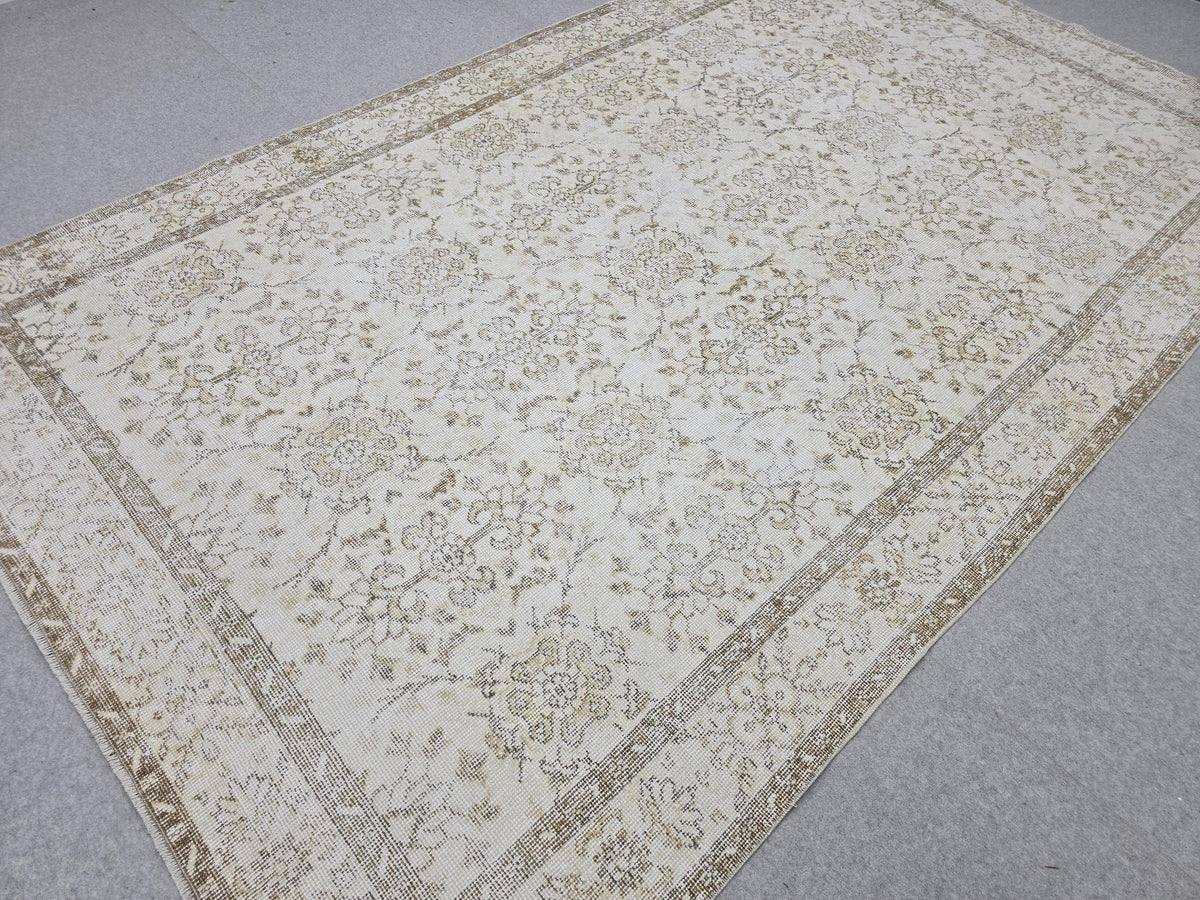 Oushak Rug 6x10 Vintage Turkish Handwoven Beige Cream Neutral Distressed Wool Area Carpet 191x317 cm