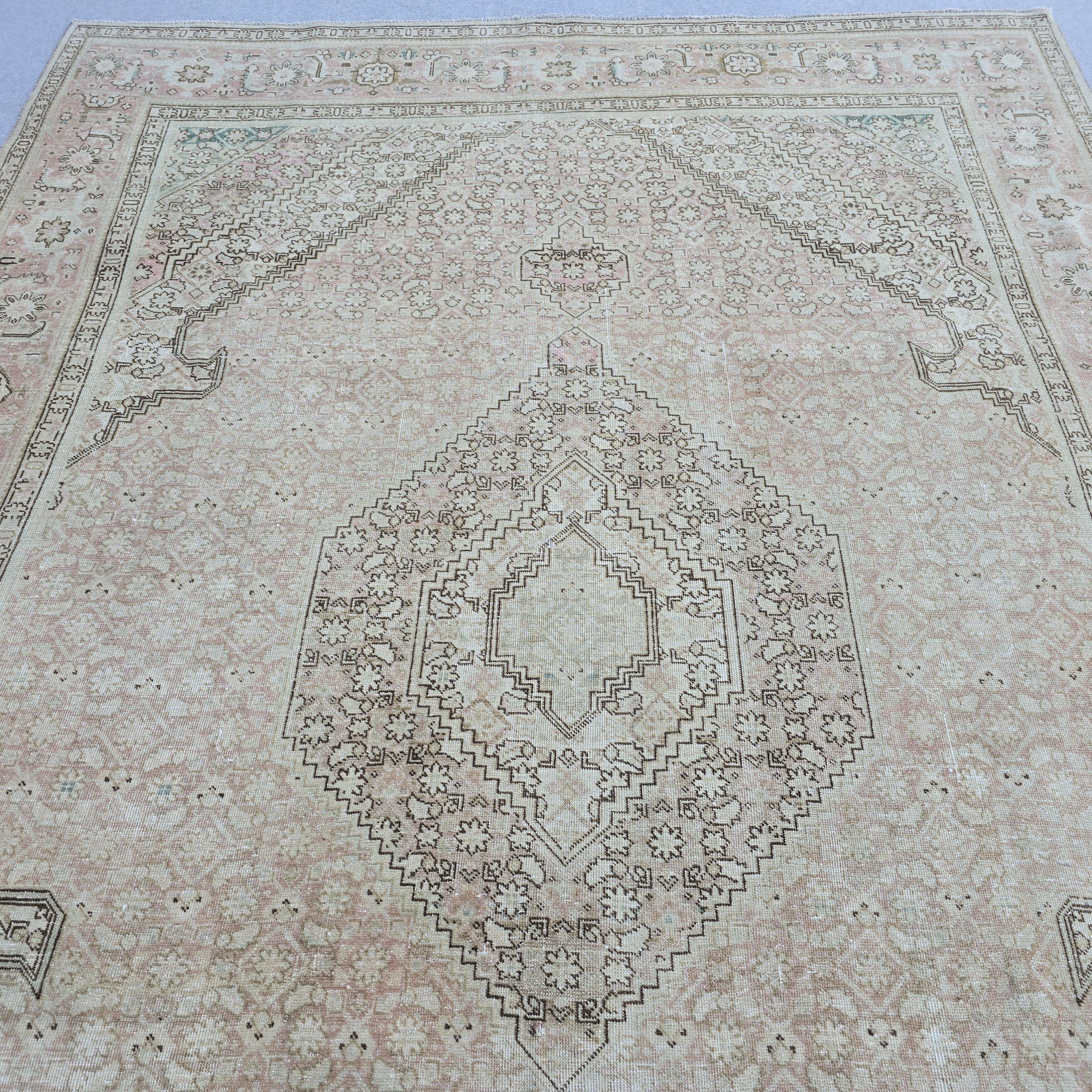 Hand-Knotted Oushak Rug: 7.8 x 10.6 ft Vintage Turkish Wool Medallion Carpet