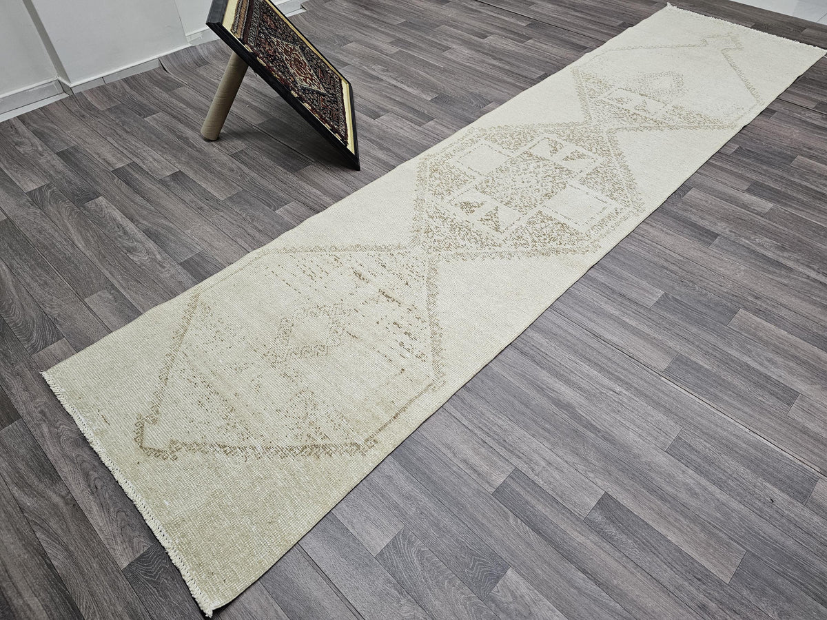 Vintage Oushak Runner Rug: 3x12.25 ft, Neutral Turkish Wool Rug