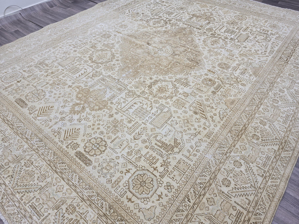 10x12 Turkish Area Rug: Neutral Beige Oushak Style Area Rug, 9'6" x 12'1"