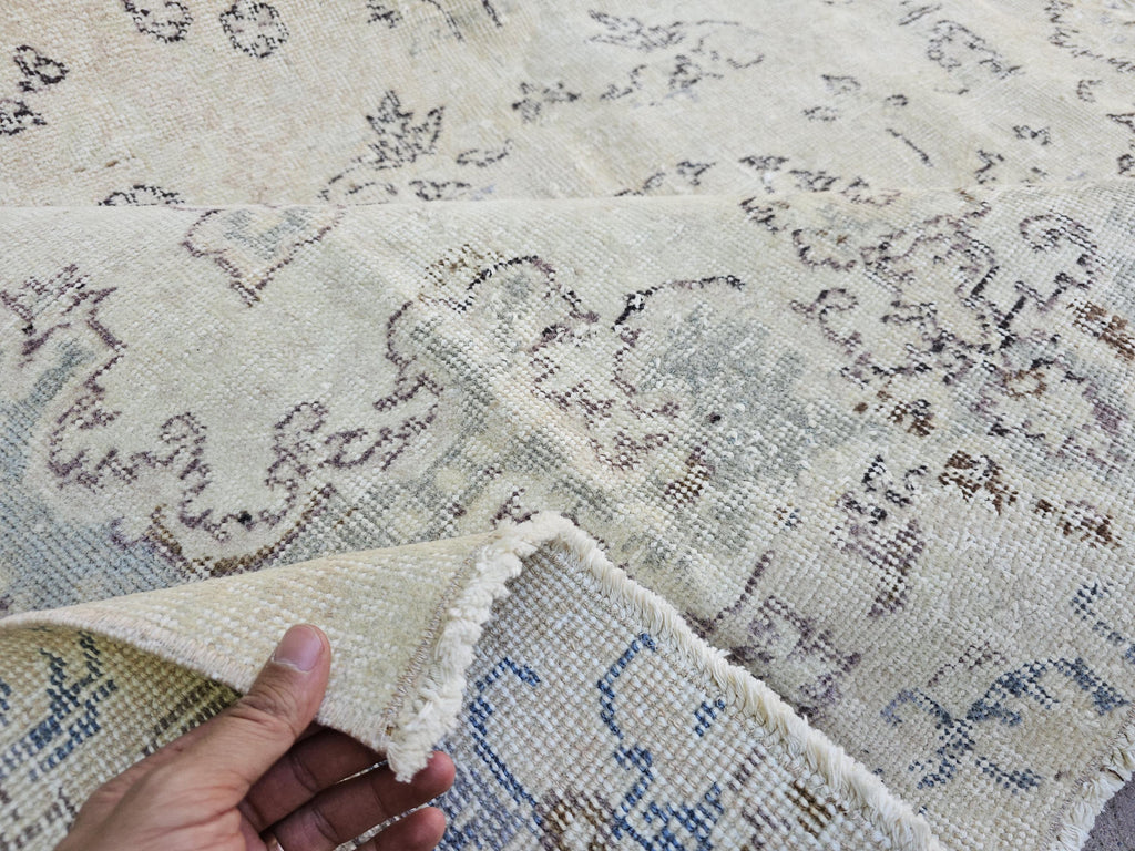 Faded Turkish Wool Rug 7x10: Neutral Oushak Carpet, Beige Cream Brown