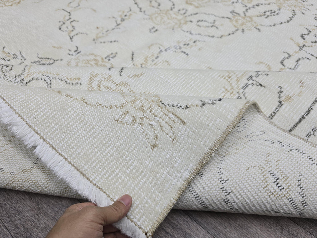 Hand Knotted Oushak Rug 6x10: Vintage Turkish Wool Cream Floral Carpet