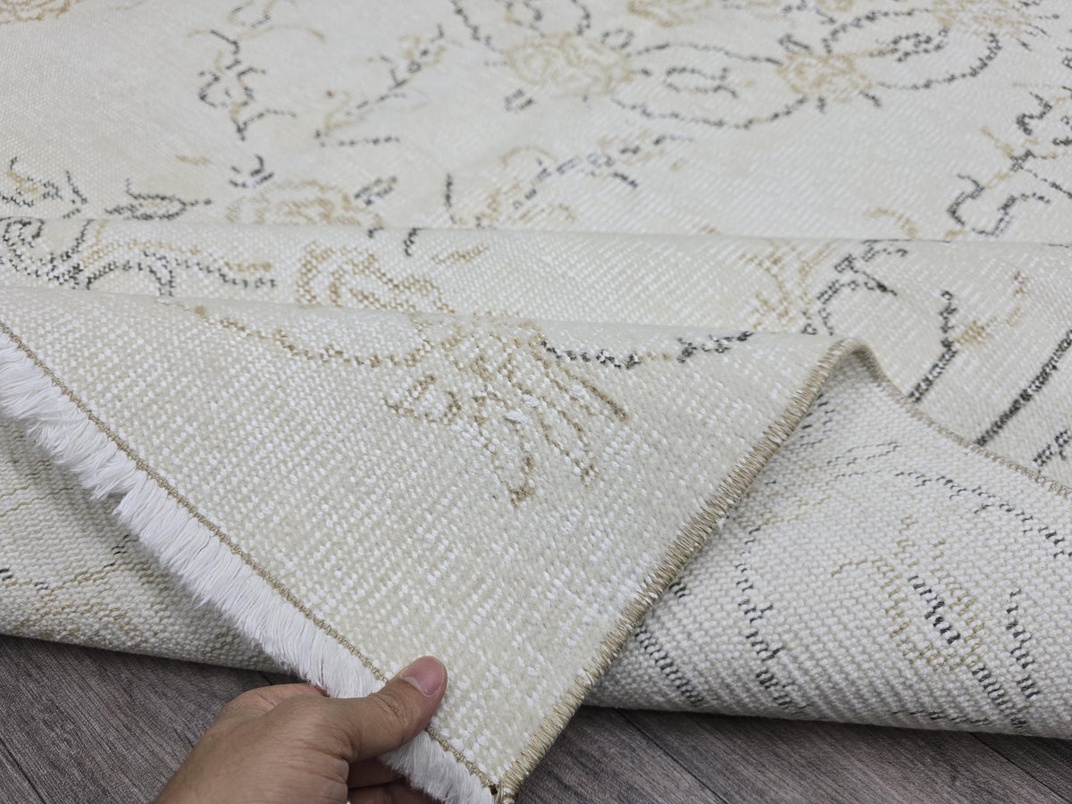 Hand Knotted Oushak Rug 6x10: Vintage Turkish Wool Cream Floral Carpet