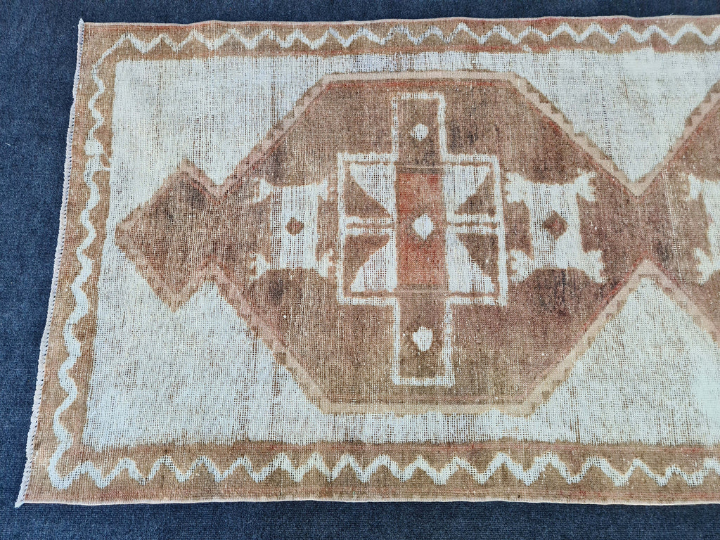 Hand Knotted Wool Oushak Runner: 4x12 Vintage Turkish Rug