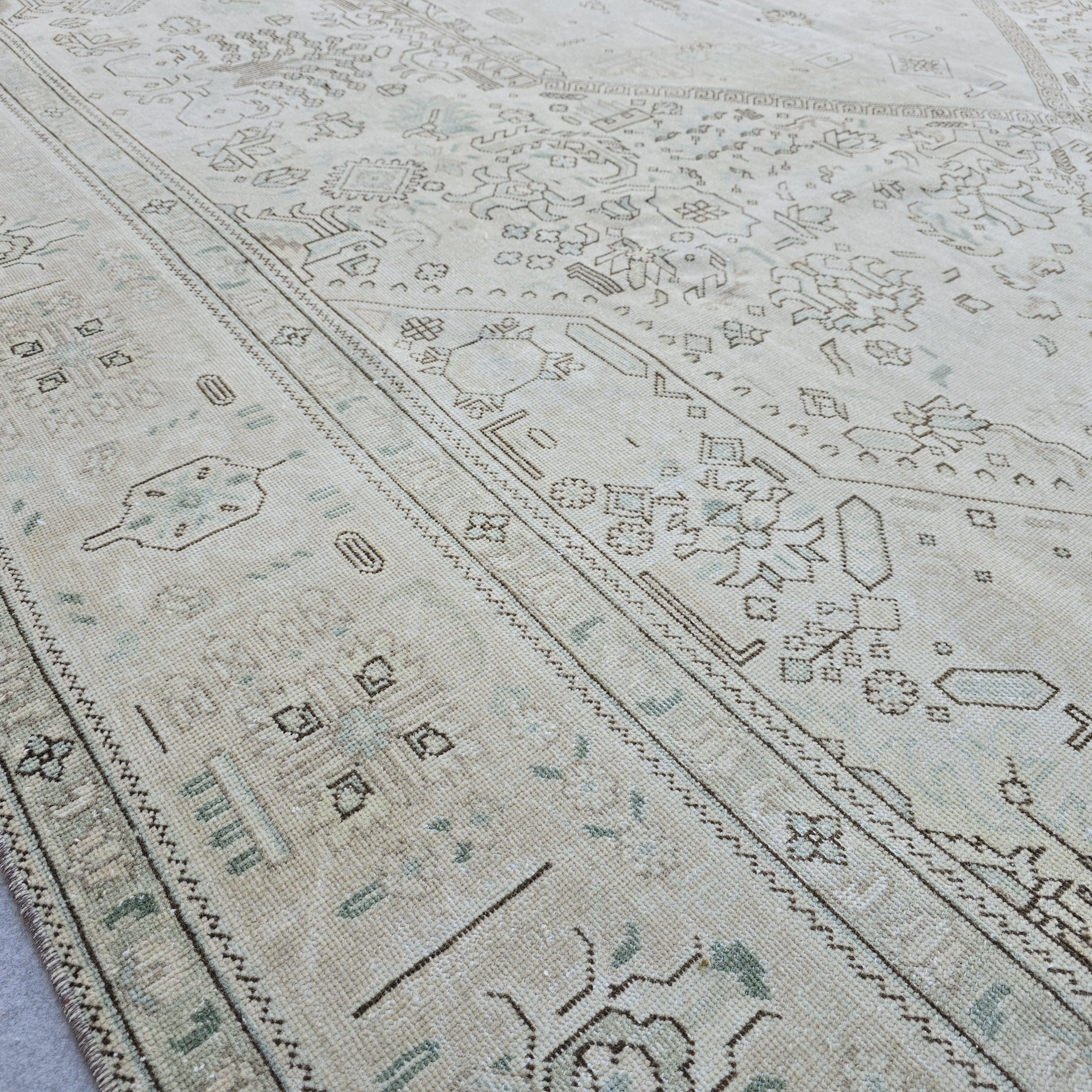 Neutral Anatolian Rug 9x12 Ivory Aqua Medallion Hand Knotted Vintage Wool